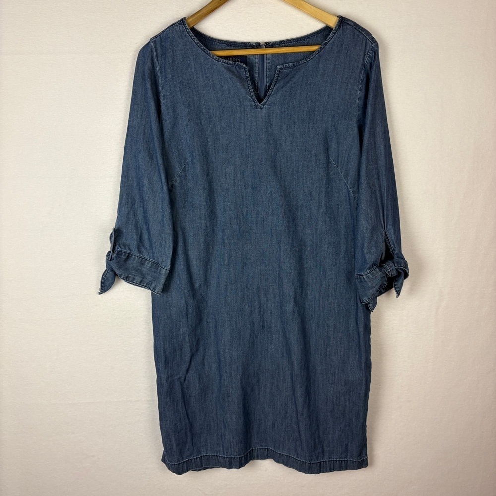 Talbots Chambray Denim Dress Blue 3/4 Sleeve Tie Sleeve Preppy Western Rodeo